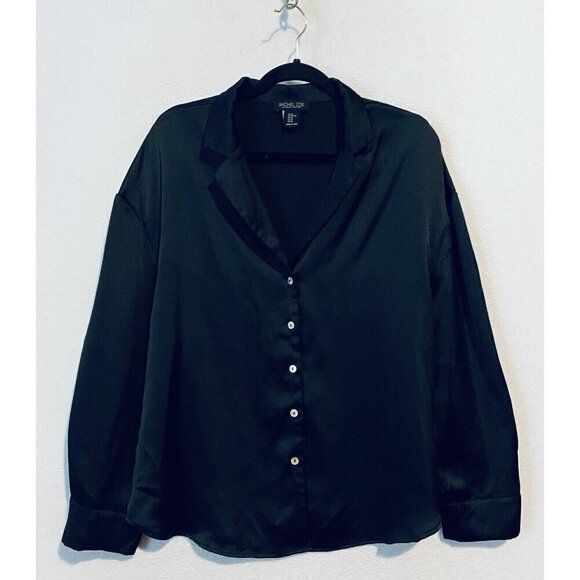 Rachel Zoe Top Womens XL Black Button Up Satin Long Sleeve Minimalist Witchy - Picture 1 of 6